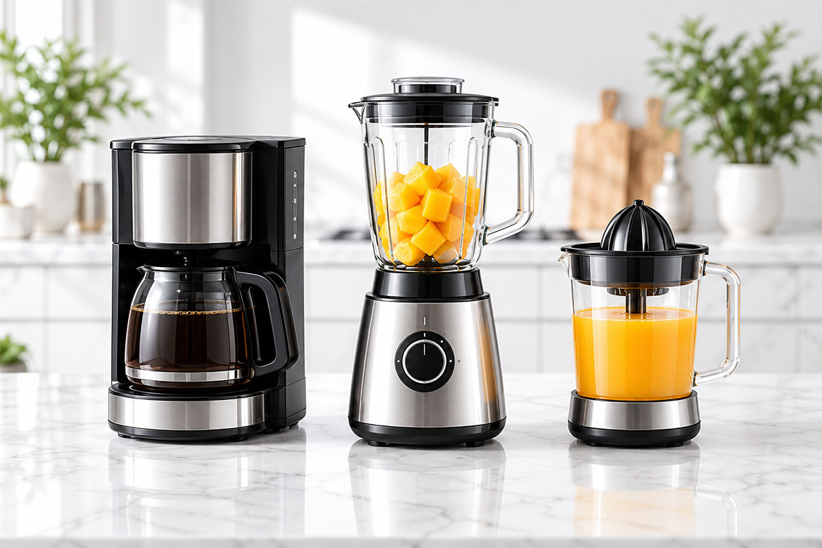 Coffee and food preparation appliances including a coffee maker, blender and citrus juicer