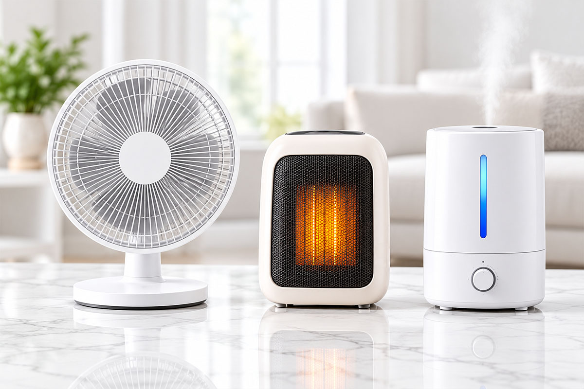 Home comfort appliances including a fan, space heater and humidifier from Qite