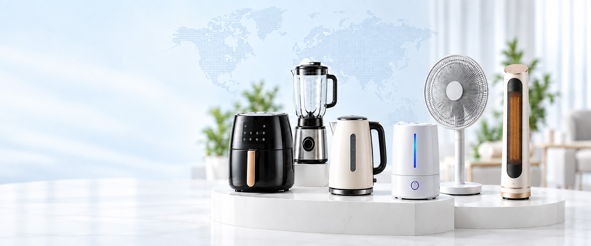 Qite small home appliances from Cixi, Ningbo, China, including an air fryer, blender, kettle, humidifier, fan and heater